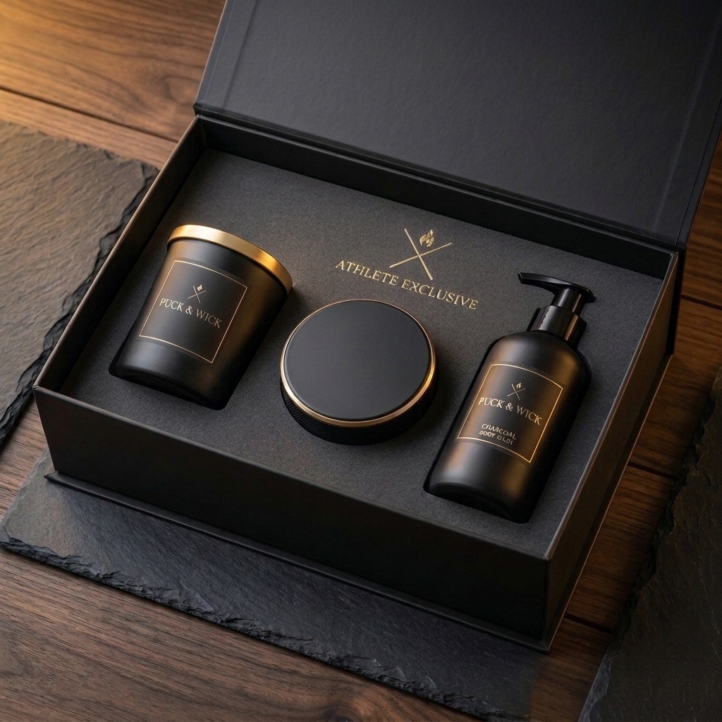 Puck & Wick Matte Obsidian Luxury Candle, Lauson-98 Odor Puck, and Charcoal Wash Gift Box